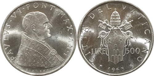 바티칸시티 1963년 500 리라 은화 - 미사용