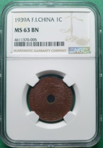 인도차이나 1939A년 1 센트 COPPER - NGC MS 63 BN