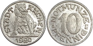 독일(Aachen) 1920년 10 Pfennig 놋겔드