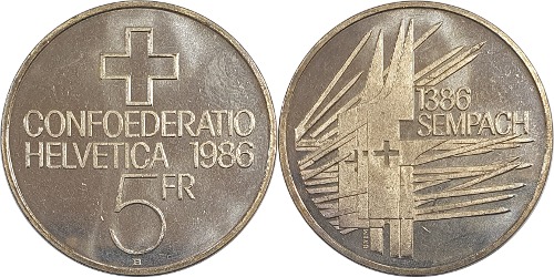 스위스 1986년 5 프랑(Sempach 전투 500주년 기념) - 미사용(B급)