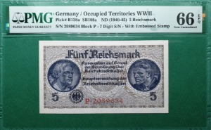 독일 1940-45 GERMANY 5 REICHSMARK 2차대전 점령지 지폐 - PMG 66